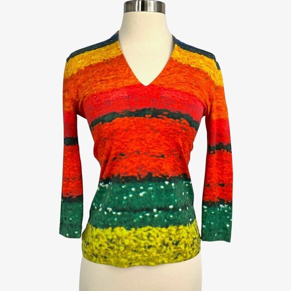 Akris Tops - Akris Flower Field Top Multicolor V Neck 3/4 Sleeve US Size 4 XS Tulips